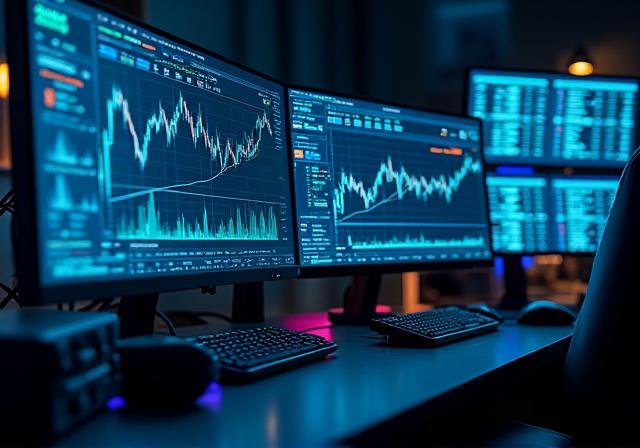 Sophisticated trading software dashboard with multi-screen data visualization